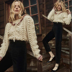 DOEN Rare Valentina Alpaca Peter Pan Collar Pom Pom Pullover Sweater Size XL